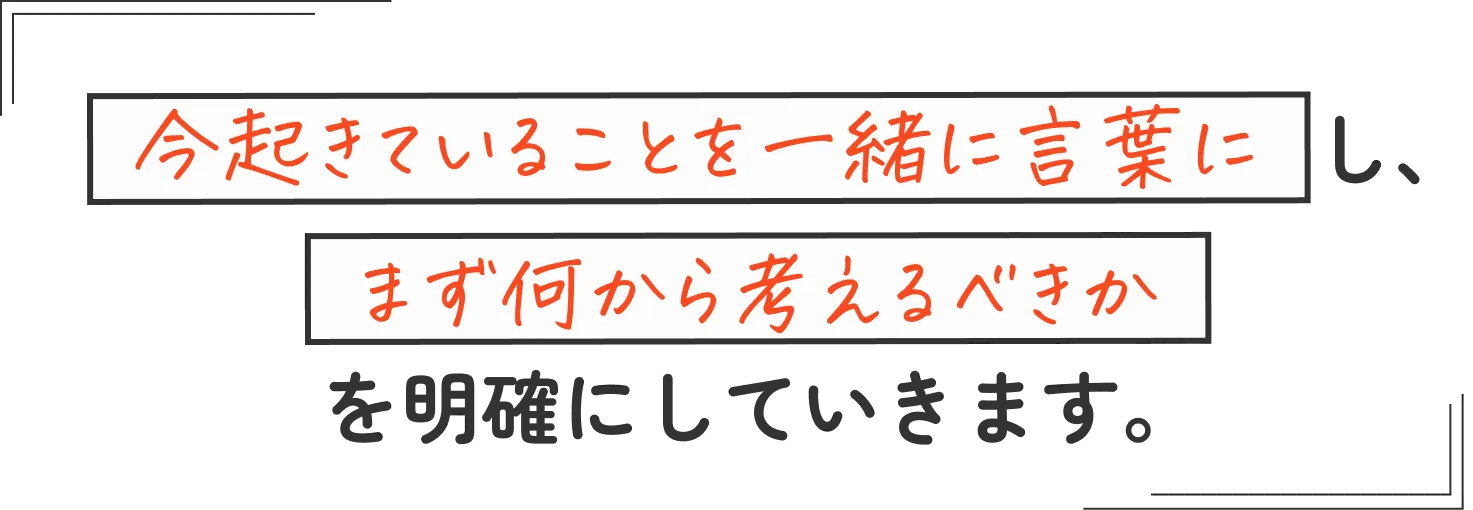 今起きていることを一緒に言葉にし、まず何から考えるえきかを明確にしていきます。