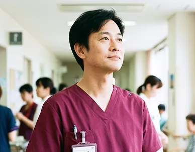 男性看護師が上を向いている様子の画像