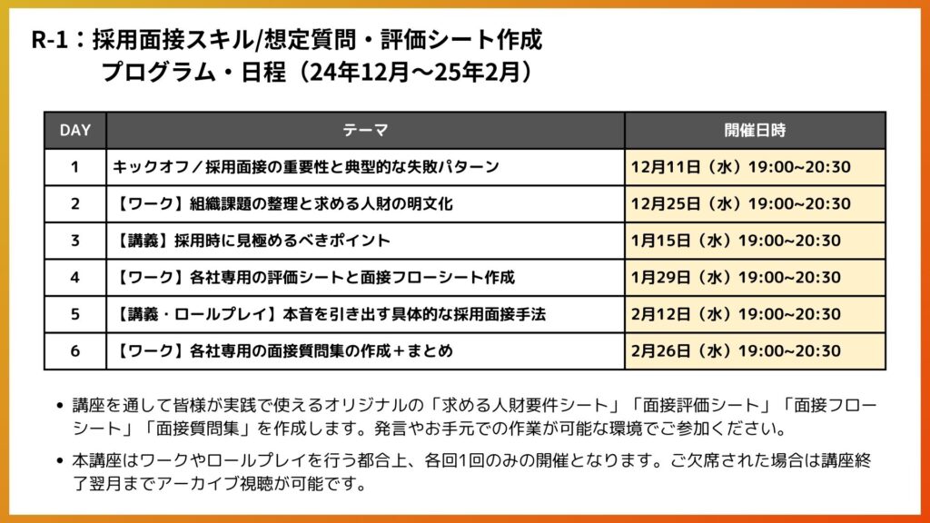 採用面接スキル／想定質問・評価シート作成講座概要（12月クラス）